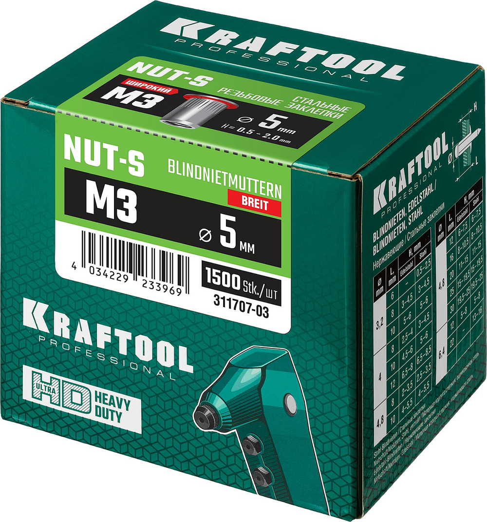 KRAFTOOL Nut-S, М3, 1500 шт, резьбовые заклепки стальные с насечками (311707-03)