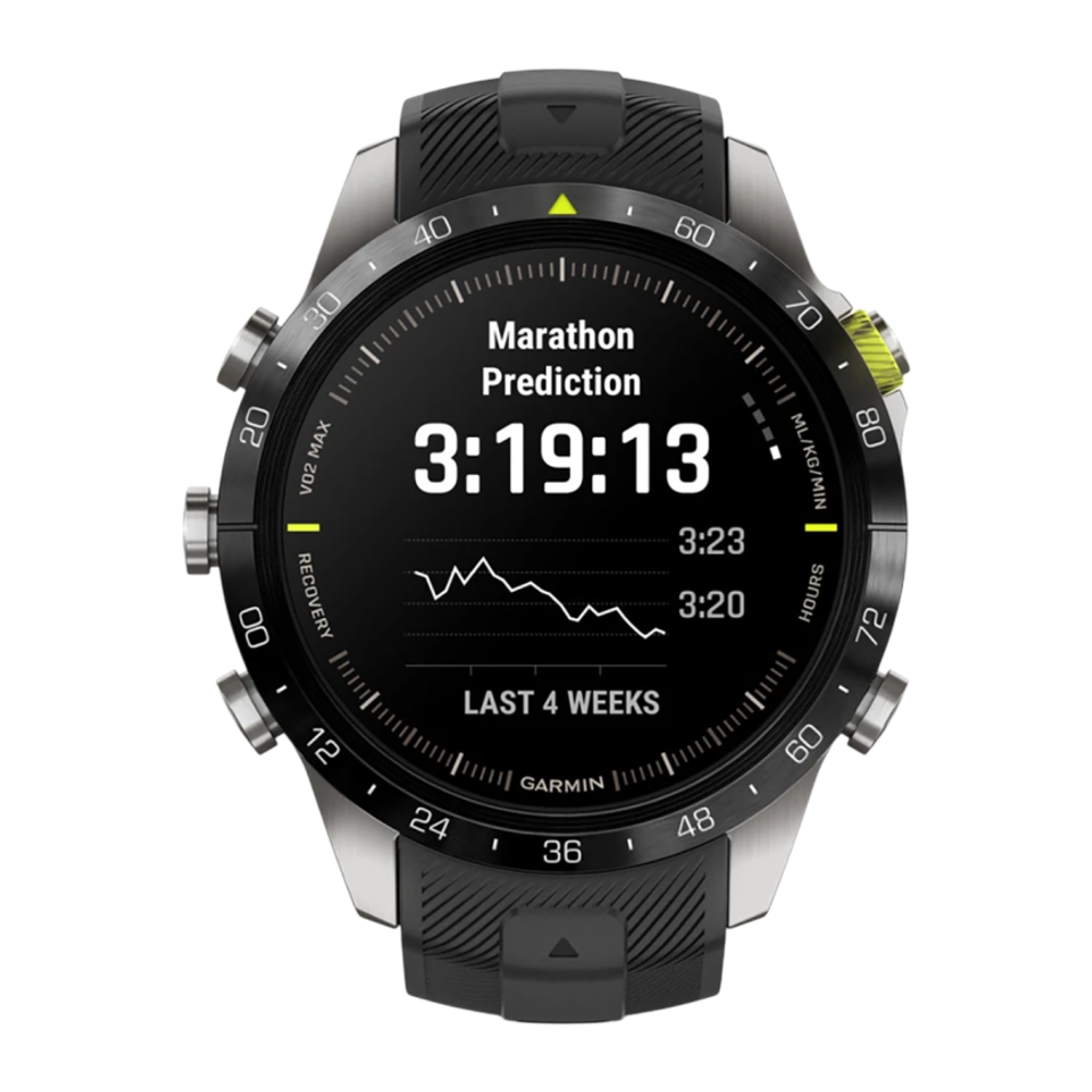 Спортивные часы Garmin MARQ Athlete (Gen 2), чёрный силиконовый ремешок Безель и корпус из титана, AMOLED-дисплей с куполообразным сапфировым стеклом. Ремешок с классической застёжкой — на запястье обхватом 135–213 мм