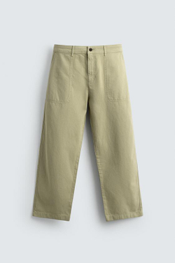 ZARA БРЮКИ STRAIGHT FIT С ЭФФЕКТОМ ПОТЕРТОСТИ, ЛИНЯЛЫЙ ЗЕЛЕНЫЙ