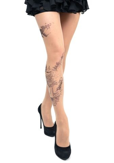 Стильные колготки с имитацией тату на правой ножке (Размер: S-M-L) (Цвет: бежевый)