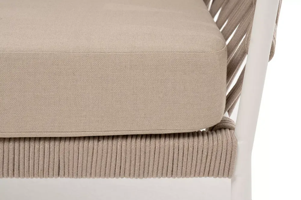 "Диего" диван 2-местный плетеный из роупа, каркас алюминий белый муар, роуп бежевый круглый, ткань бежевая 052