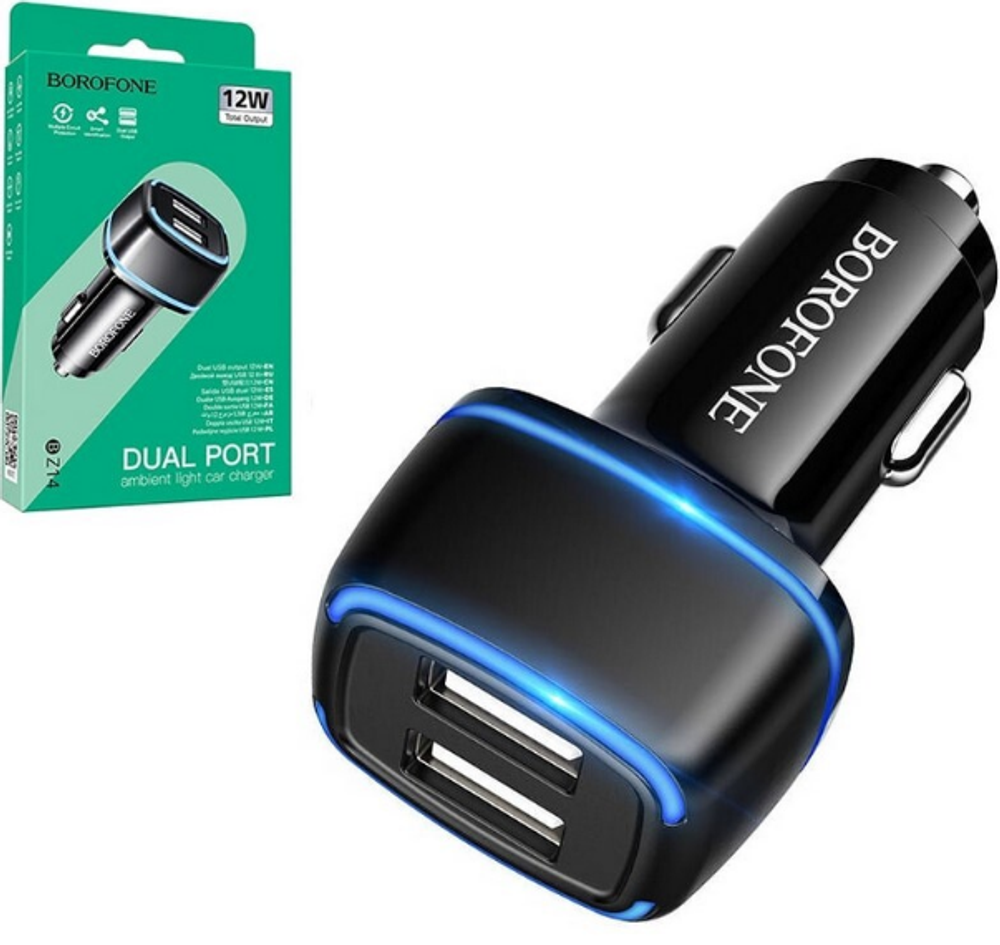 ШТЕКЕР-зарядка 2 USB  короткий 12v-24v 2.4А Borofone BZ14 черный