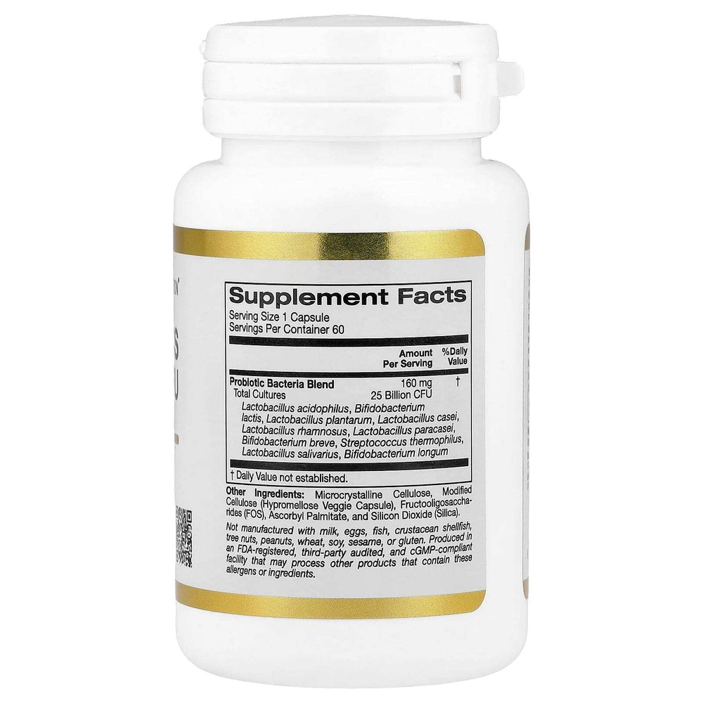 California Gold Nutrition, пробиотики с ацидофильными лактобактериями, бифидобактериями лактис, лактобактериями плантарум и лактобактериями казеи, смесь из 10 штаммов, 25 млрд КОЕ, 60 вегетарианских капсул