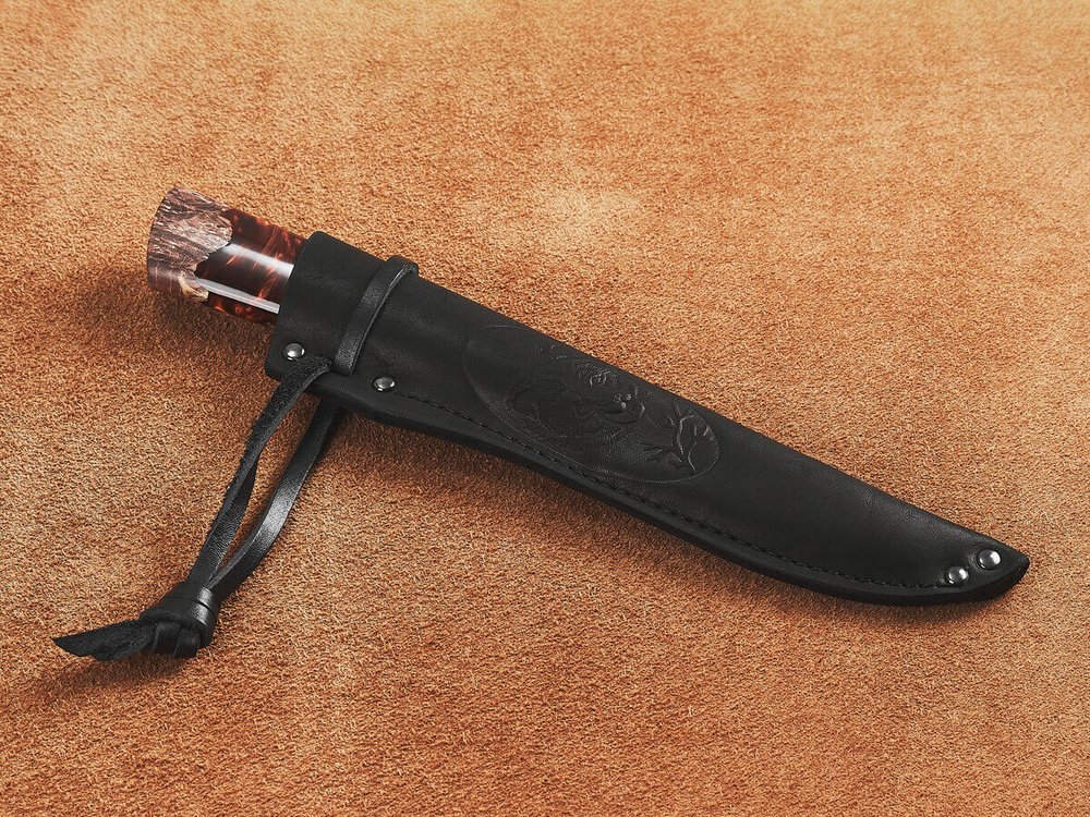 Якутский нож "Амга", сталь Х12МФ, рукоять коричневая стабилизированная карельская береза / акрил агат