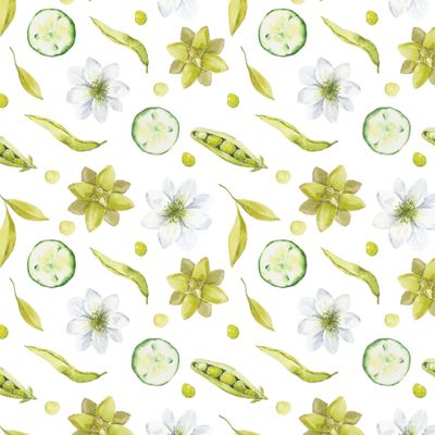 акварельный зеленый принт с цветами и горошком