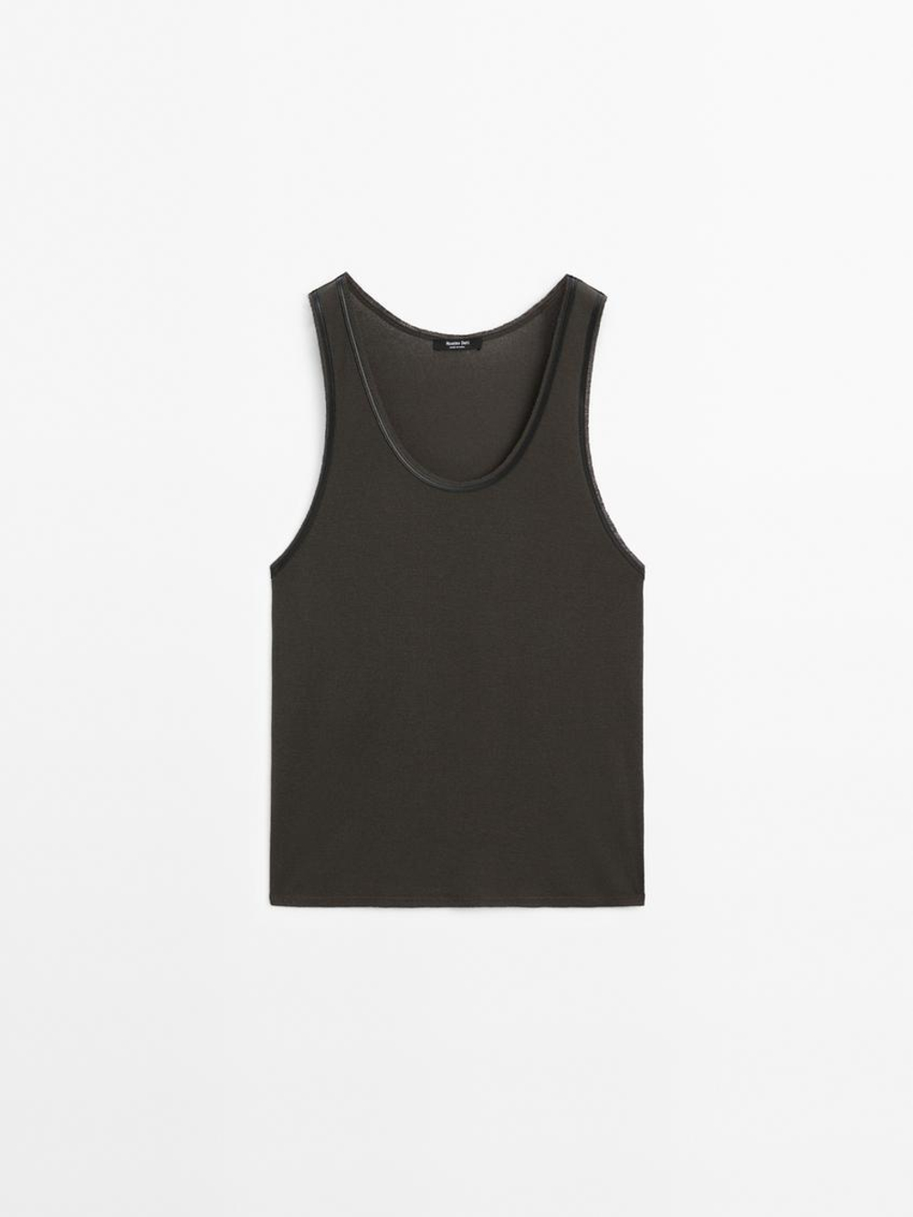 Massimo Dutti Топ на бретелях с контрастной окантовкой из кожи, свинцовый