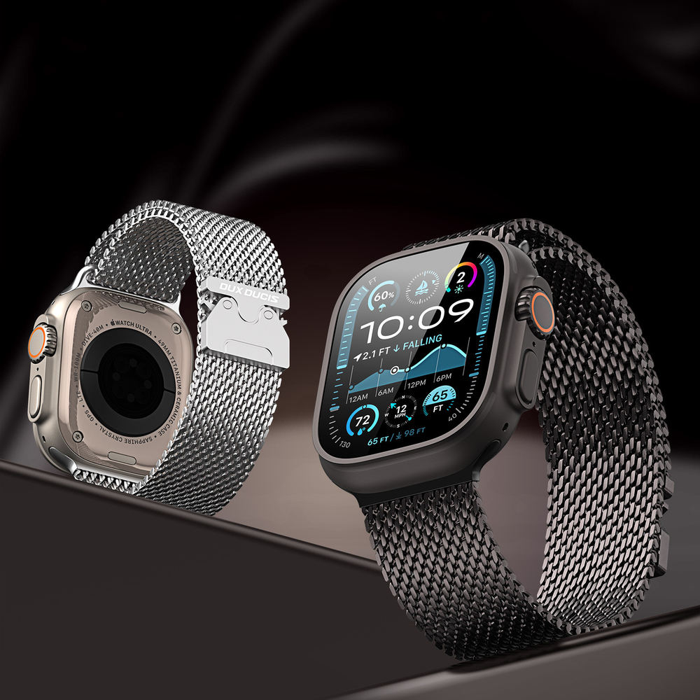 Ремешок из нержавеющей стали серого цвета (Gun-grey) от Dux Ducis для смарт часов Apple Watch 42, 44, 45, 46, 49мм, серия Milanese Air Series (миланская петля)