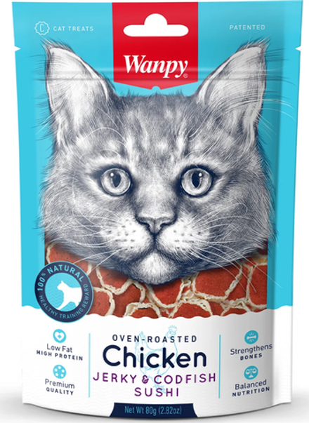 Лакомство для кошек Wanpy Cat «суши» из курицы с треской 80г