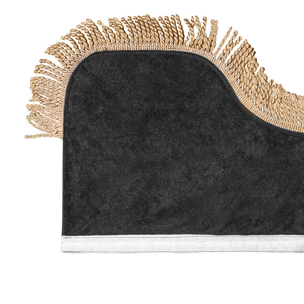 Шторы спального места с прихватами "Кисти" красные в кабину Volvo, Scania, MAN, DAF, Merc, Камаз, Sitrak, Shacman, Foton, FAW. Высота 1,5м, ширина одной стороны - 1,15м. Блэкаут, велюр. Черный цвет с бежевой бахромой и красными кистями