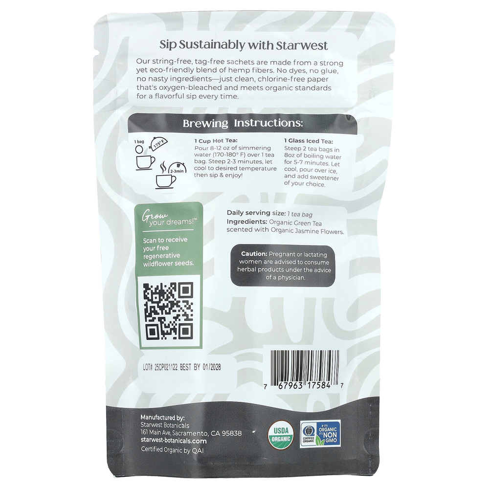 Starwest Botanicals, Органический жасминовый чай, 20 чайных пакетиков, 40 г (1,4 унции)