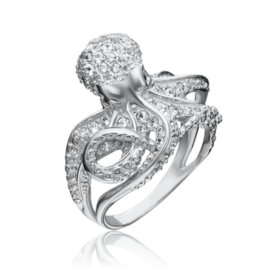 Кольцо «Осьминог» из белого золота с натуральными топазами white и кварцем дымчатым