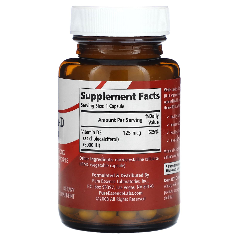 Pure Essence, Витамин D, 5000 МЕ, 30 растительных капсул