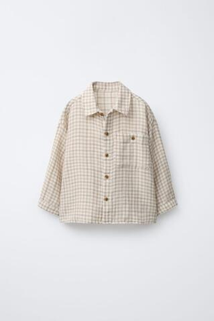 ZARA РУБАШКА В КЛЕТКУ С КАРМАНОМ, ЭКРЮ