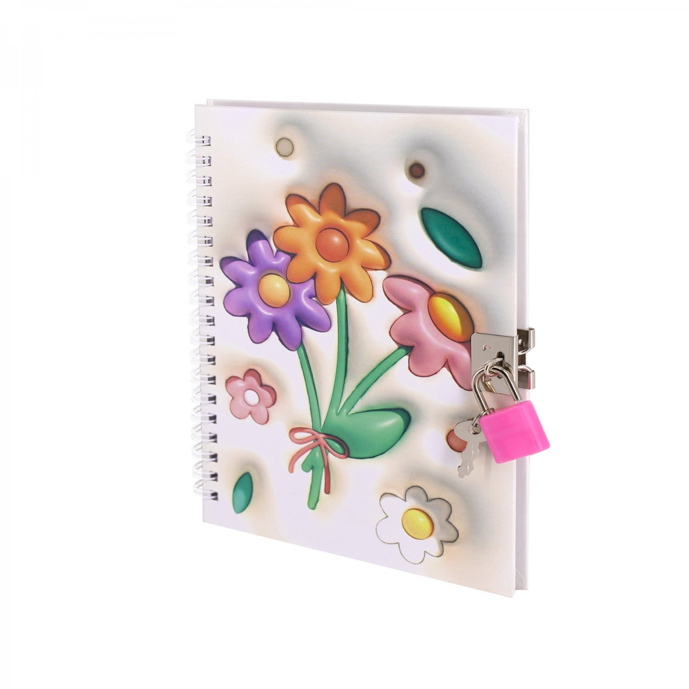 Блокнот в футляре, 19,5 см * 22,5 см, гребень, Alingar, мат.ламин, эффект 3D, ручка, замочек, клетка, 46 л., "Букет"