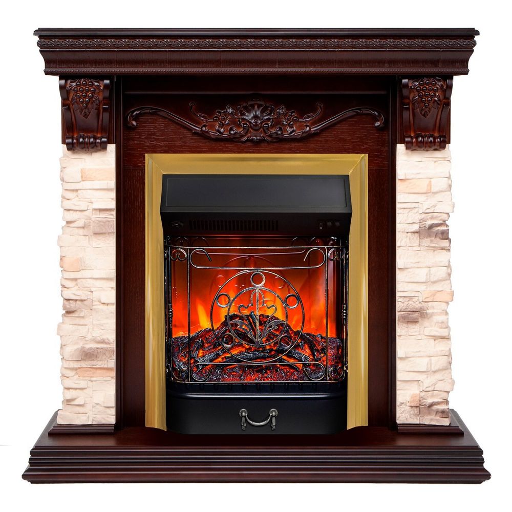 Электрокамин RealFlame Patricia STD NT орех с очагом Majestic Lux Brass