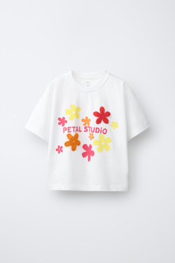 ZARA ФУТБОЛКА С ЦВЕТОЧНЫМ КРОШЕ, БЕЛЫЙ