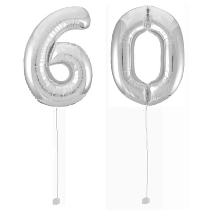 Шар-цифра 60 Серебро Silver 102 см фольга с гелием на грузике