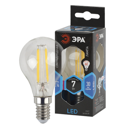 Лампа светодиодная ЭРА F-LED P45-7W-840-E14 7Вт филамент шар нейтральный белый свет Е14