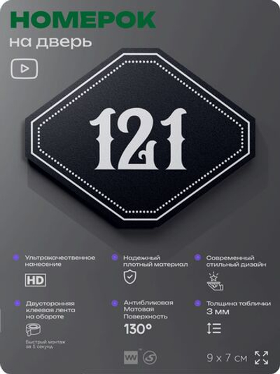 Номерок на дверь квартиры 121, для кабинета, офиса, шильдик 9 х 7 см, черный, Айдентика Технолоджи