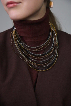 Колье каскад "Венеция" из венец.стекла,оттенки:золото,серебро,черный,коньяк,застежка из натур.кожи