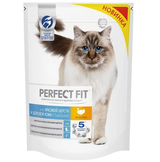 PERFECT FIT полноценный корм для взрослых кошек Красивая шерсть и здоровая кожа со вкусом индейки