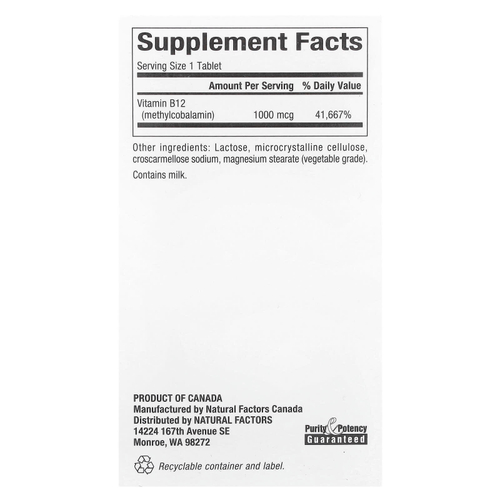 Natural Factors, B12, метилкобаламин, 1000 мкг, 180 жевательных таблеток