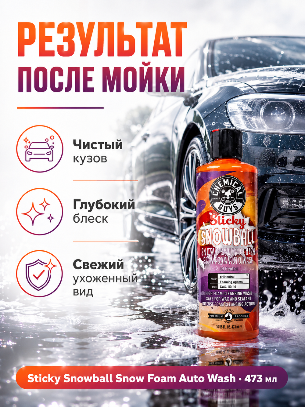 Chemical Guys Шампунь для ручной мойки Sticky Snowball Snow Foam Auto Wash 473мл