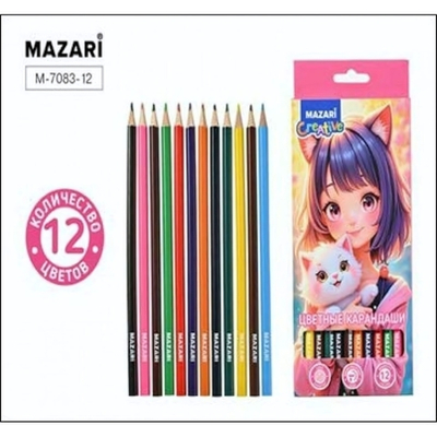 Карандаши 12цв. "Девочка Аниме" d грифеля=2,65мм. дерев. шестигран. коробка (Mazari)