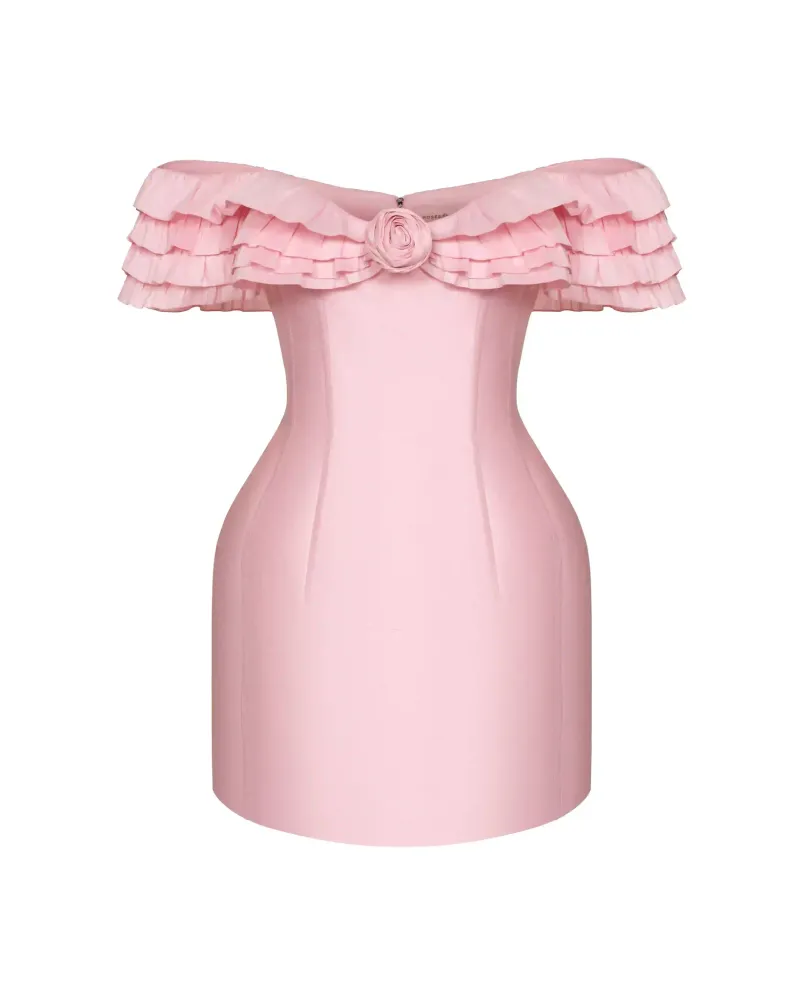 May, платье мини из розовой тафты с рюшами и розой