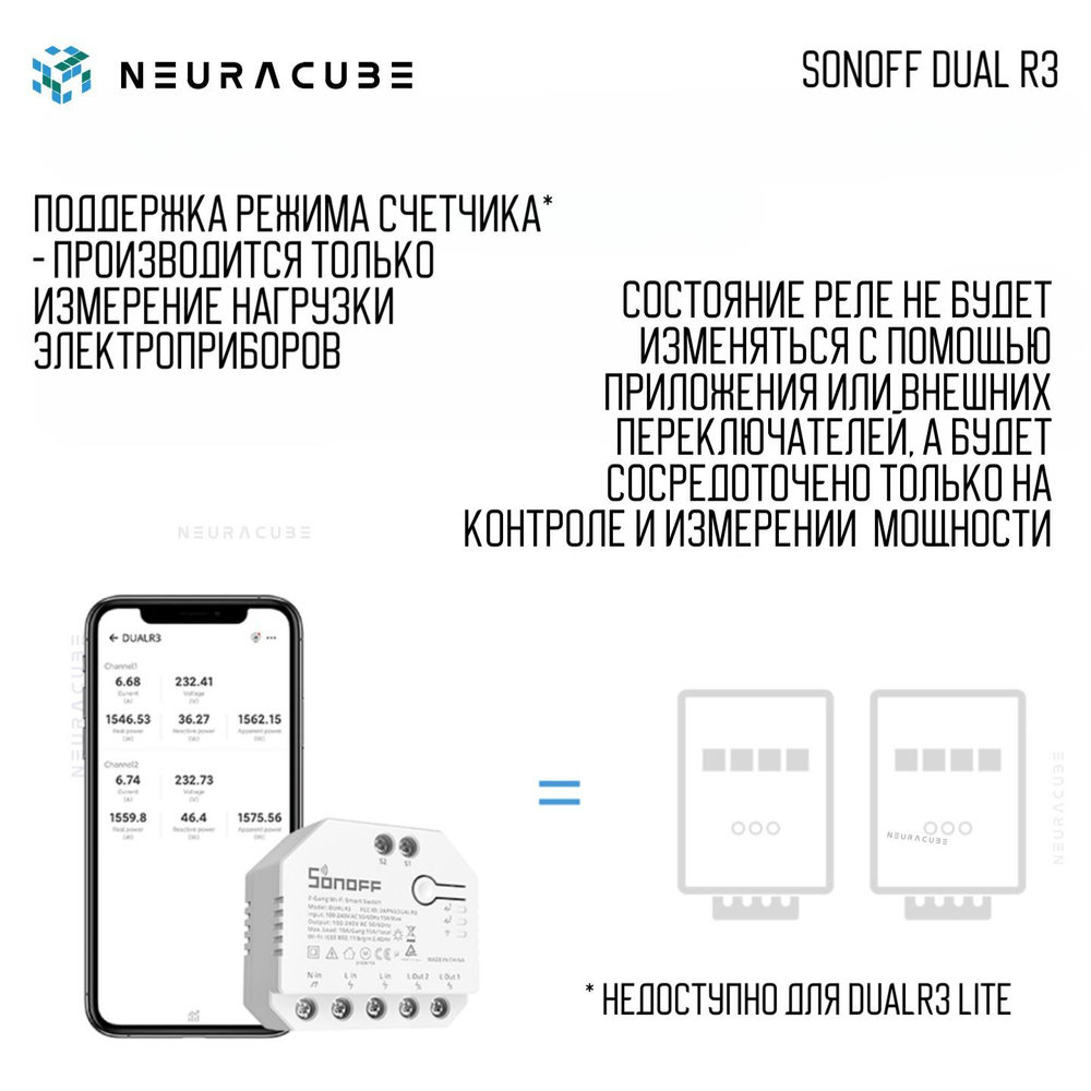 Умное двухканальное WiFi Реле Sonoff DUALR3 Lite, 15А/3300Вт (Работает с Яндекс Алисой)