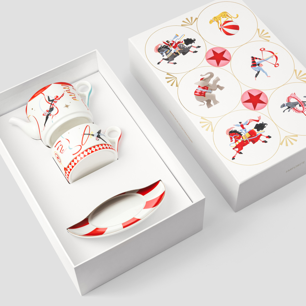 Набор Farforite «Цирковое представление»: чайник-эгоист 300 мл и чайная пара 250 мл в подарочной коробке