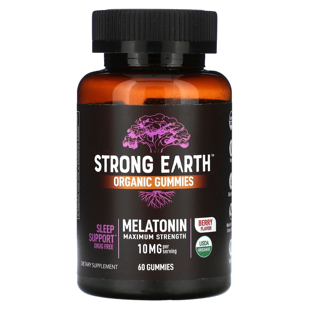 YumVs, Strong Earth, органические жевательные таблетки, мелатонин, максимальная сила действия, со вкусом ягод, 10 мг, 60 жевательных таблеток (5 мг в 1 жевательной таблетке)