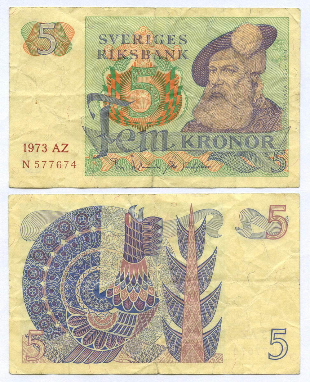 Банкнота Швеция 5 крон 1973 год AZ N 577674 (Густав Ваза). F-VF