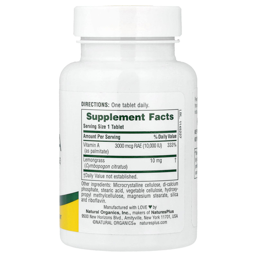NaturesPlus, водорастворимый витамин A, 10 000 МЕ (3000 мкг), 90 таблеток
