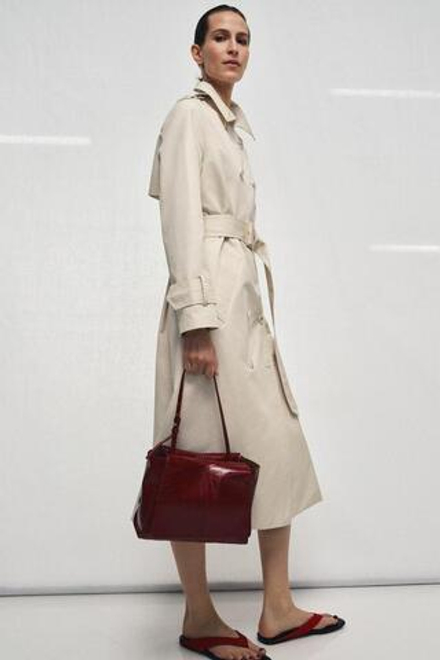 ZARA КОЖАНАЯ МИНИ-СУМКА-ШОПЕР С ДВОЙНЫМ КАРМАНОМ, ВИШНЕВО-КРАСНЫЙ