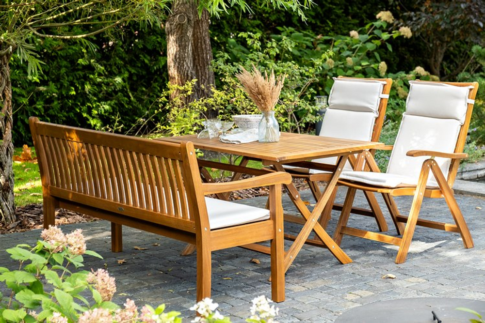 Обеденный комплект из акации Joygarden КАРО со скамьей, слоновая кость