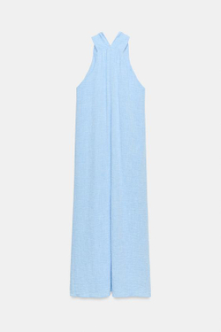 ZARA ДЛИННОЕ ПЛАТЬЕ С ДЕКОРАТИВНЫМИ УЗЛАМИ НА ПЛЕЧАХ, ГОЛУБОЙ