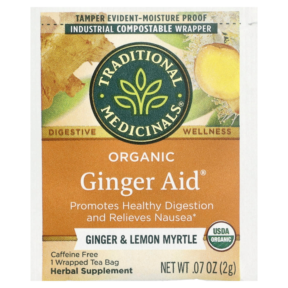 Traditional Medicinals, Organic Ginger Aid®, имбирь и лимонный мирт, без кофеина, 16 чайных пакетиков в упаковке, 32 г (1,13 унции)