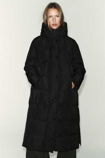 ZARA ДЛИННЫЙ ПУХОВИК С КАПЮШОНОМ WATER REPELLENT WINDPROOF, ЧЕРНЫЙ