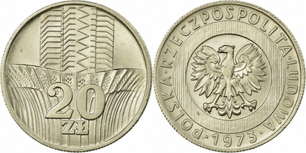 Польша 20 злотых, 1973-1976 Герб XF