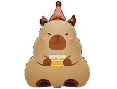 Шар фольга Фигура Капибара в колпаке с тортом 69см уже с гелием