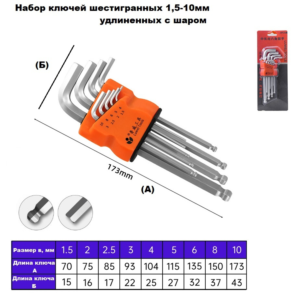Ключ шестигранный удлиненный 1,5-10мм , набор