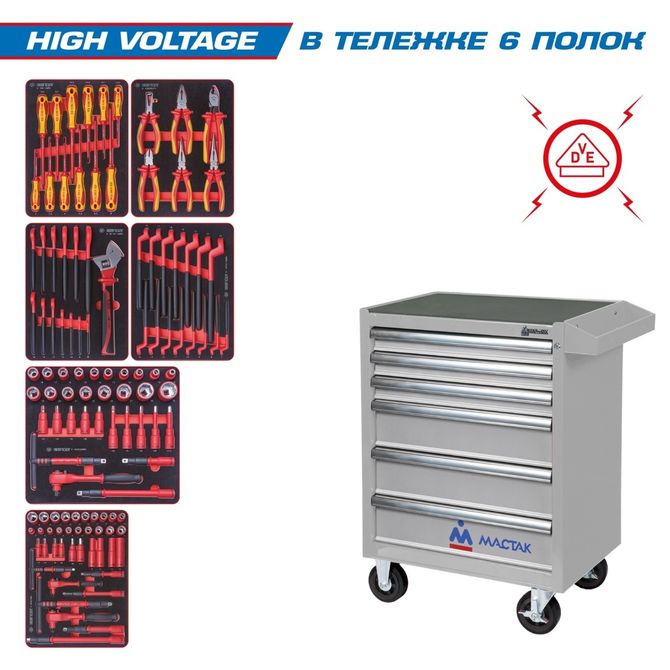 KING TONY (934-117AMGE) Набор инструментов "HIGH VOLTAGE" в серой тележке, 117 предметов