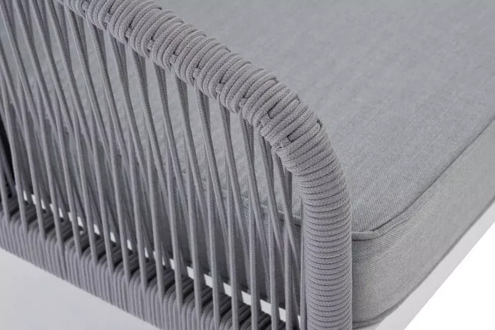 "Канны" диван модульный плетеный из роупа, каркас алюминий белый, роуп светло-серый круглый, ткань светло-серая