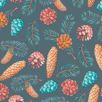 Шишки и хвойные веточки. Акварельный принт.