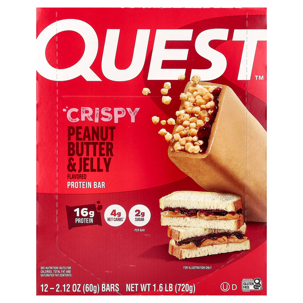 Quest Nutrition, протеиновый батончик, хрустящая арахисовая паста и желе, 12 батончиков по 60 г (2,12 унции)