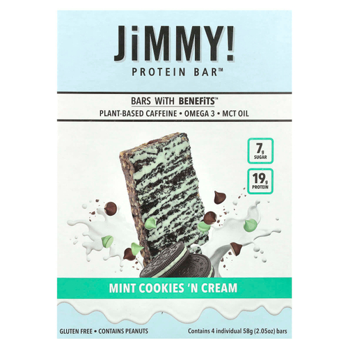 JiMMY!, Bars With Benefits, протеиновый батончик, мятное печенье и крем, 4 отдельных батончика, 58 г (2,05 унции)