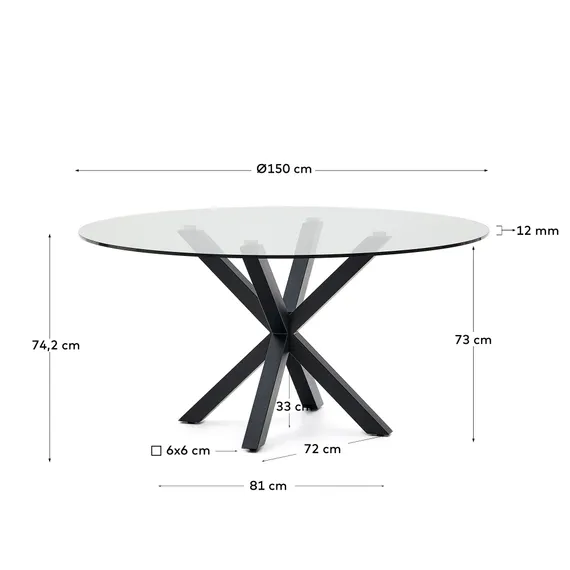Круглый стеклянный стол Argo и стальные ножки с черной отделкой Ø 150 см