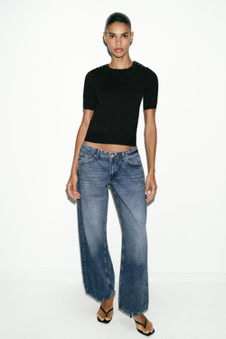 ZARA БАЗОВЫЙ ТРИКОТАЖНЫЙ СВИТЕР С КОРОТКИМИ РУКАВАМИ, ЧЕРНЫЙ