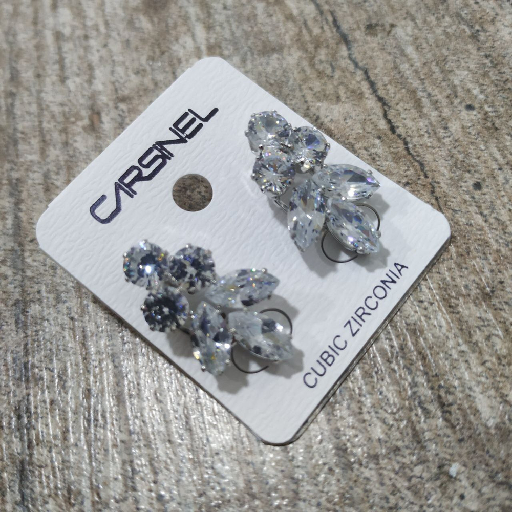 Серьги-гвоздики Cubic Zirconia Веточка 3 листка 3 кристалла цвет прозрачный металл серебристый